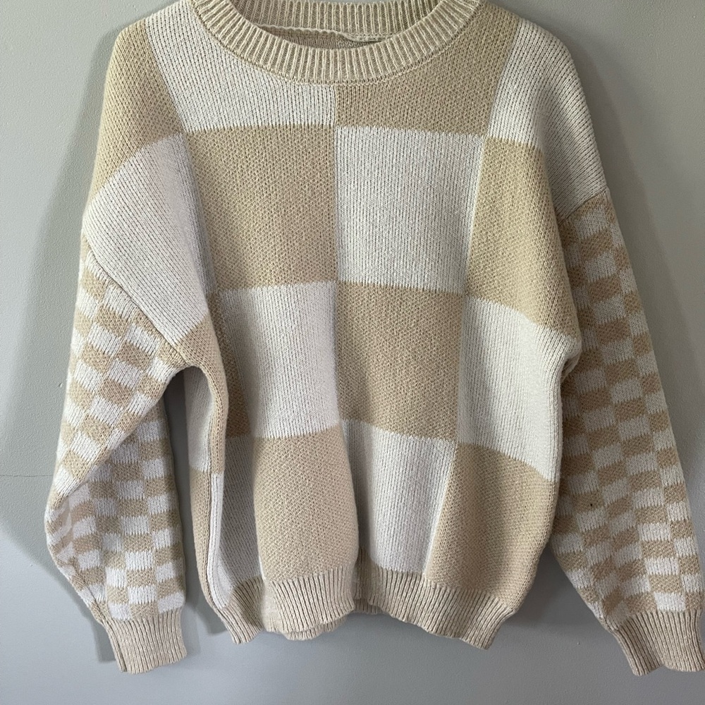 Beige and White Checkered Sweater